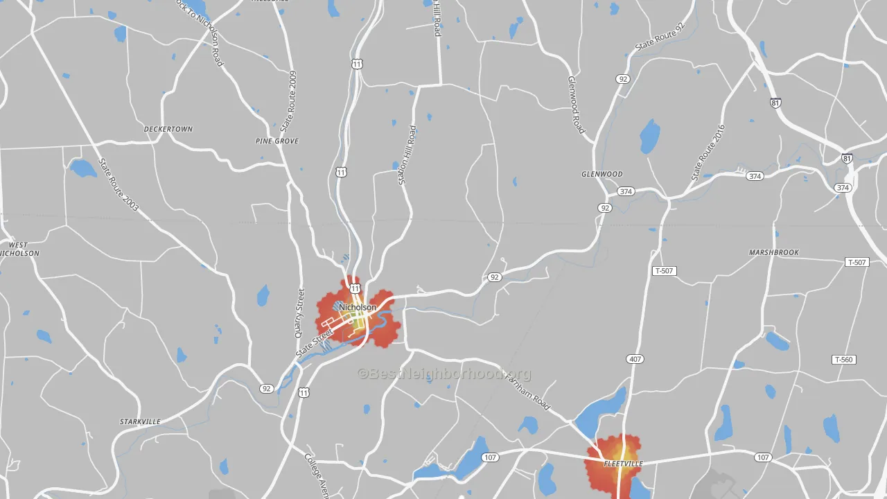 Walk Grade map of 18446, PA, walkable areas in green and car-dependent areas in red
