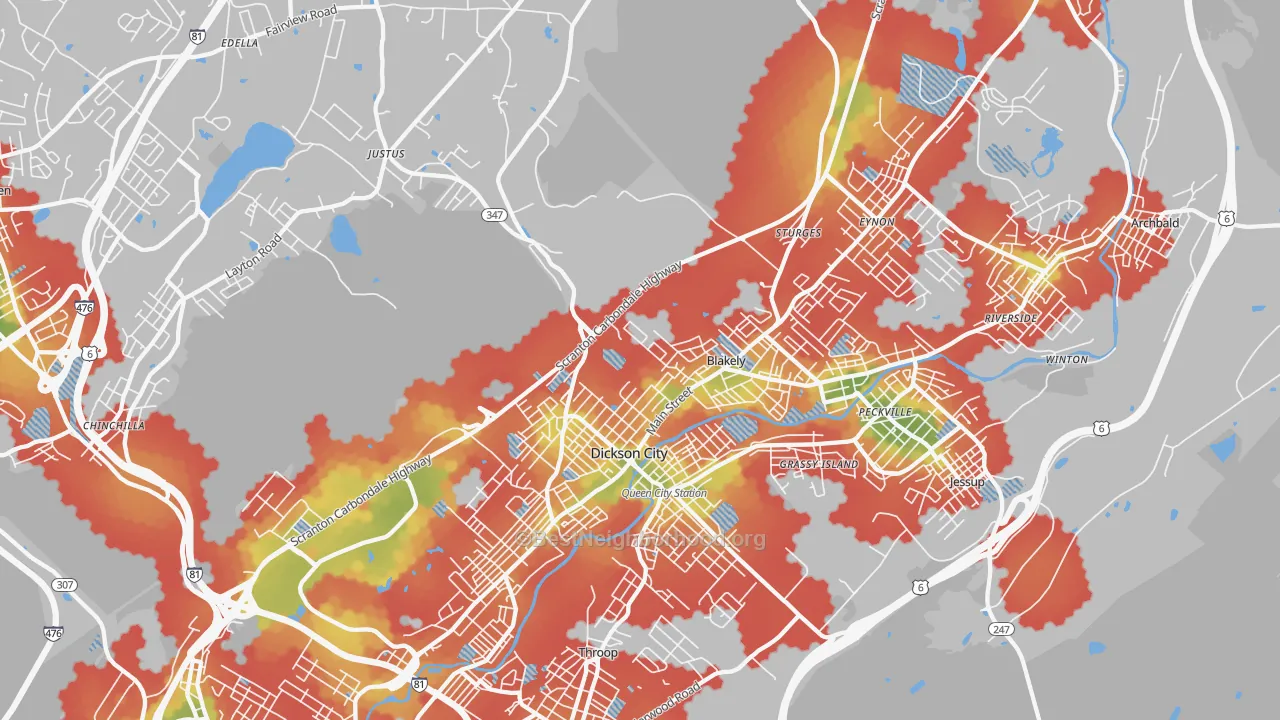 Walk Grade map of 18447, PA, walkable areas in green and car-dependent areas in red