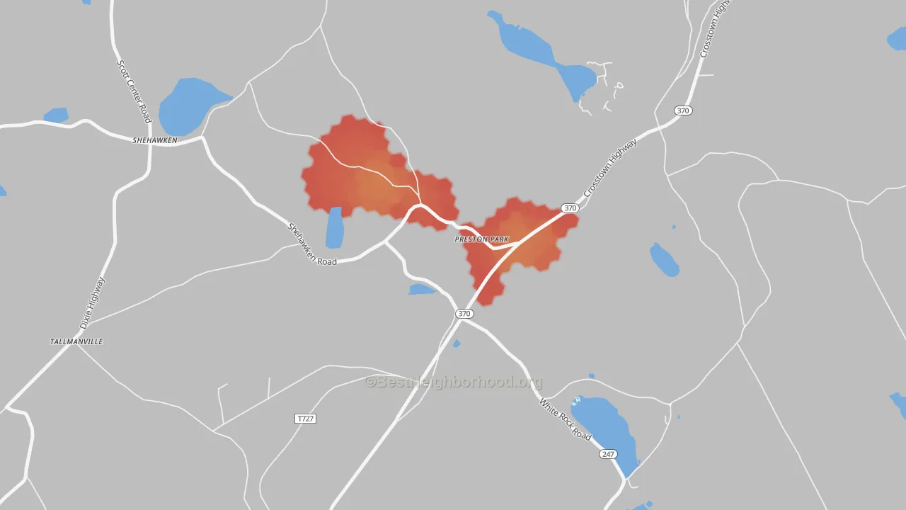 Walk Grade map of 18455, PA, walkable areas in green and car-dependent areas in red