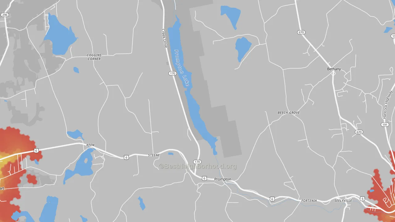 Walk Grade map of 18456, PA, walkable areas in green and car-dependent areas in red