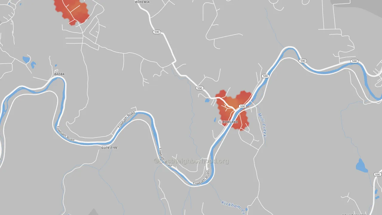 Walk Grade map of 18457, PA, walkable areas in green and car-dependent areas in red
