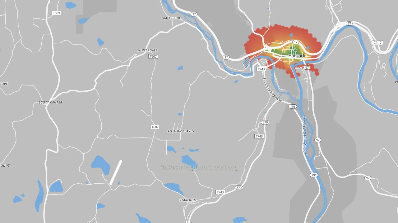 Walk Grade map of 18461, PA, walkable areas in green and car-dependent areas in red