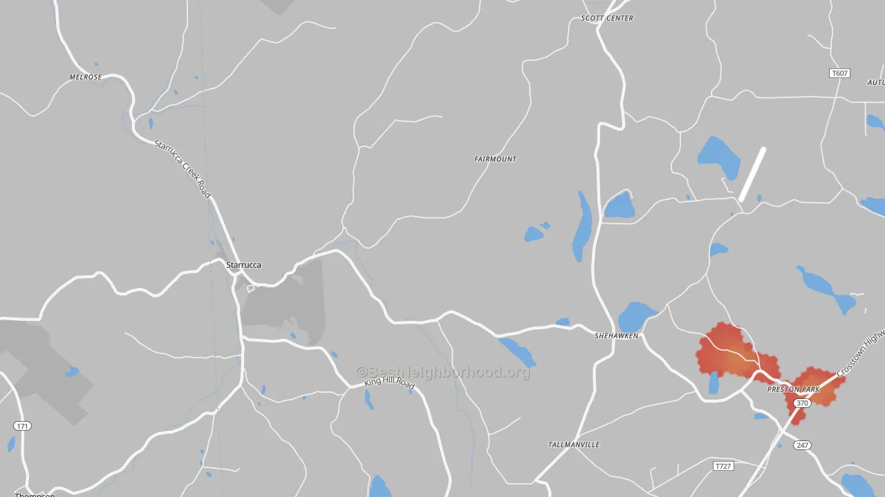 Walk Grade map of 18462, PA, walkable areas in green and car-dependent areas in red