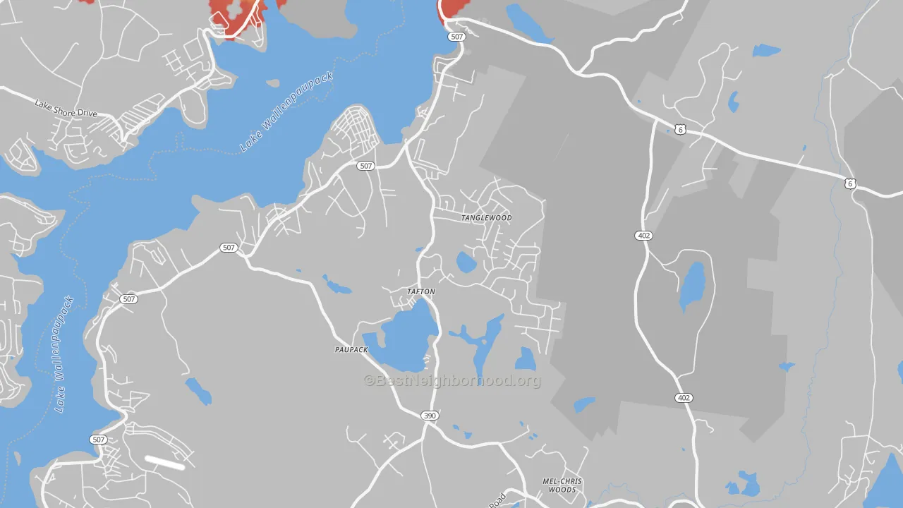 Walk Grade map of 18464, PA, walkable areas in green and car-dependent areas in red