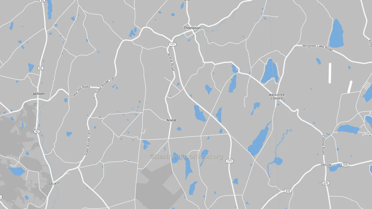 Walk Grade map of 18465, PA, walkable areas in green and car-dependent areas in red