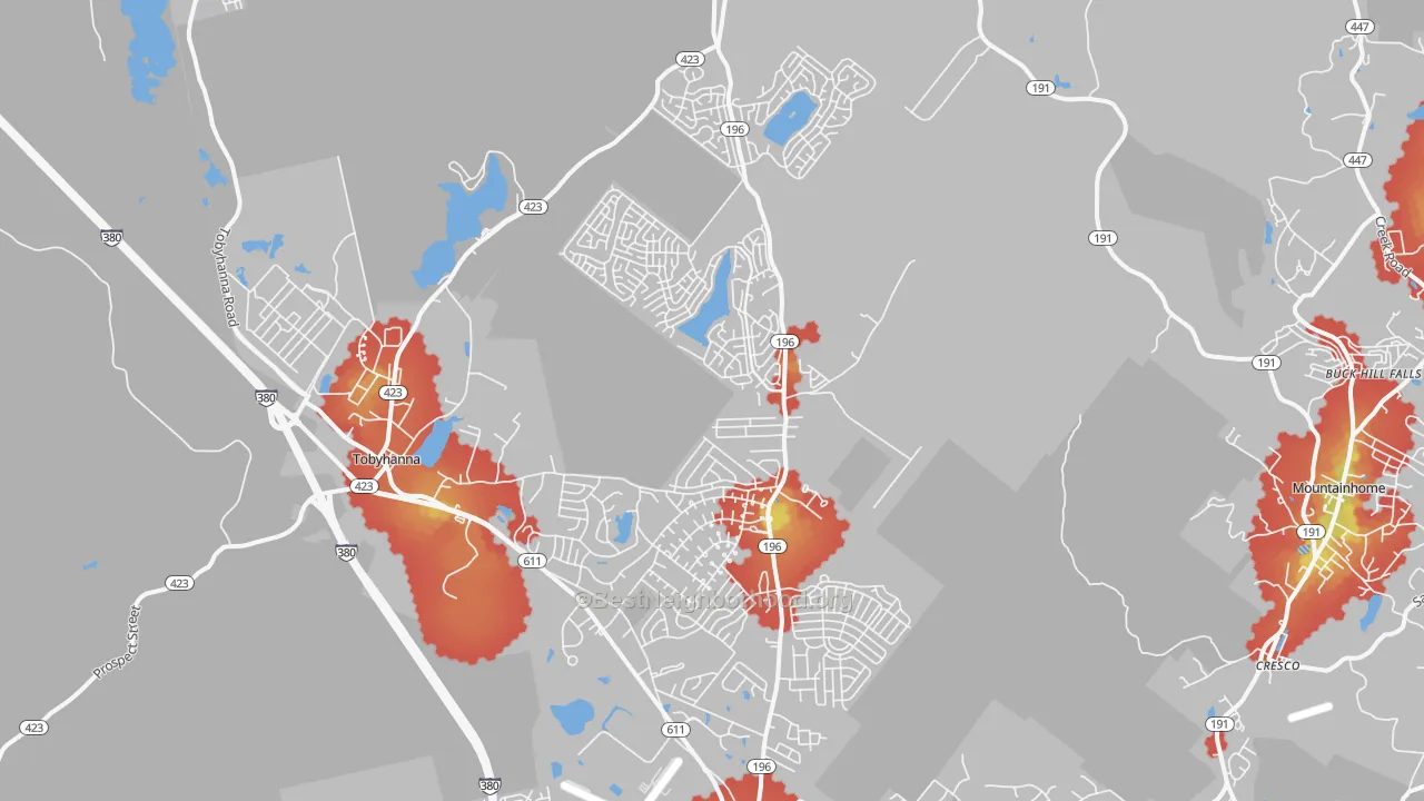 Walk Grade map of 18466, PA, walkable areas in green and car-dependent areas in red