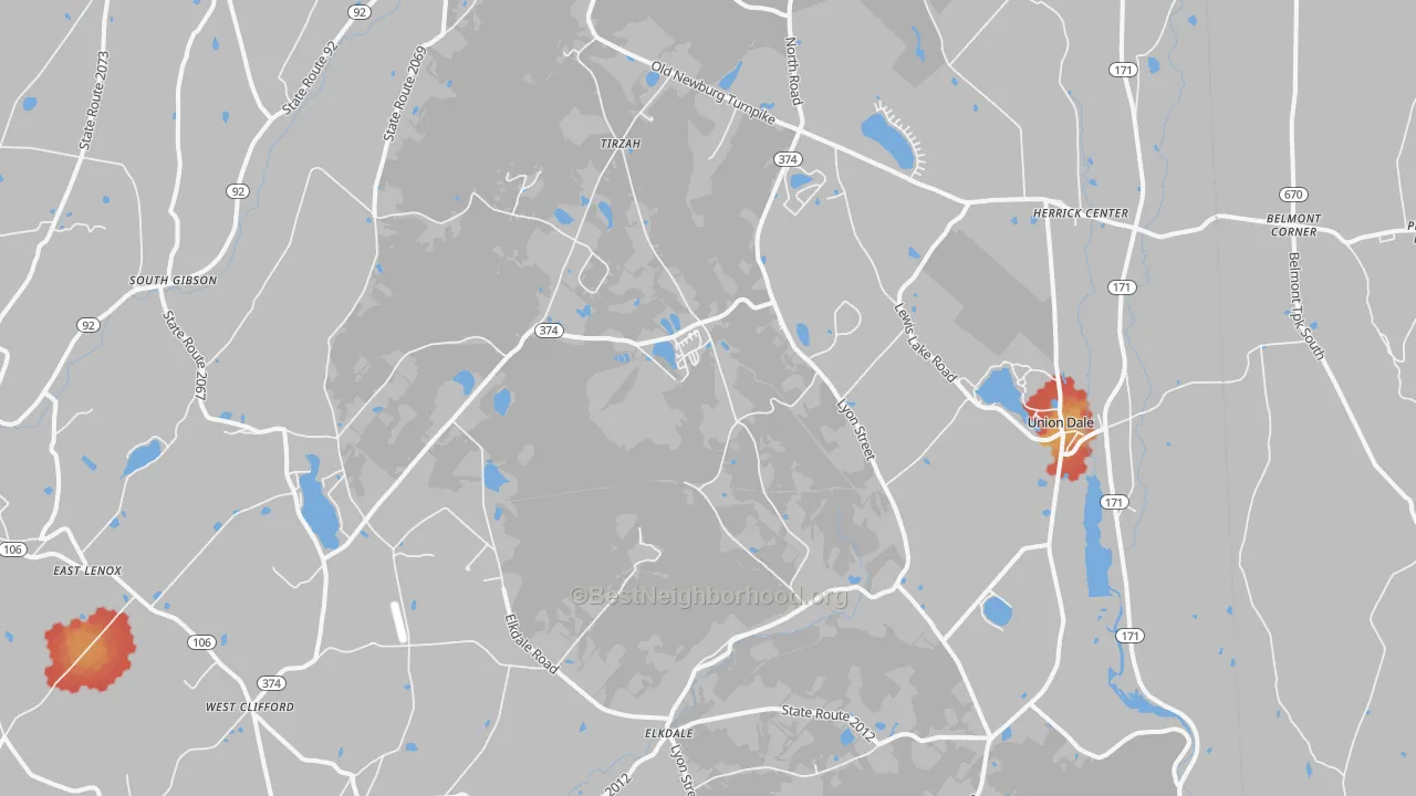 Walk Grade map of 18470, PA, walkable areas in green and car-dependent areas in red