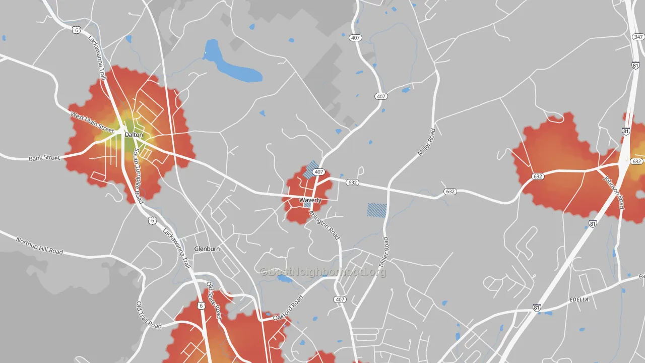 Walk Grade map of 18471, PA, walkable areas in green and car-dependent areas in red