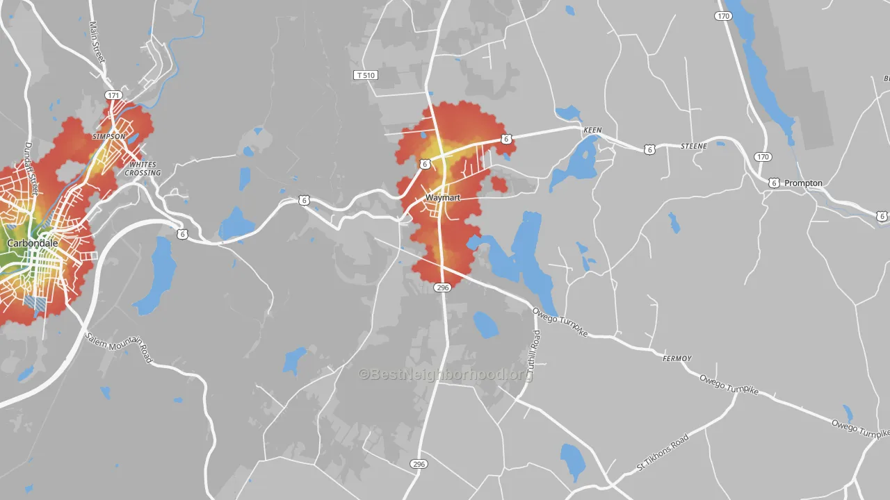 Walk Grade map of 18472, PA, walkable areas in green and car-dependent areas in red