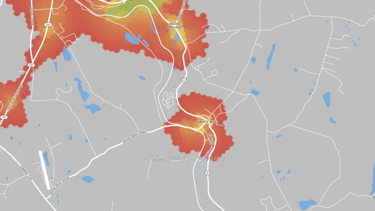 Walk Grade map of 18473, PA, walkable areas in green and car-dependent areas in red