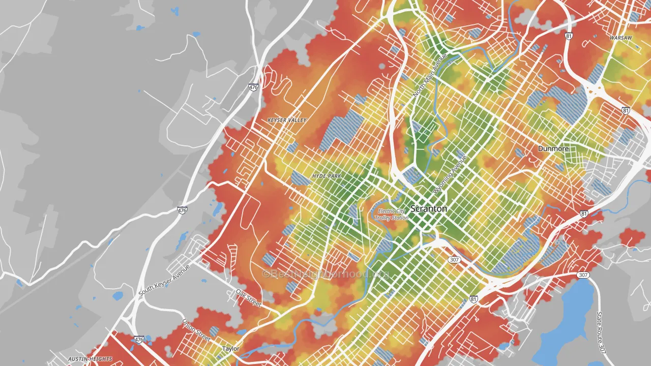 Walk Grade map of 18504, PA, walkable areas in green and car-dependent areas in red
