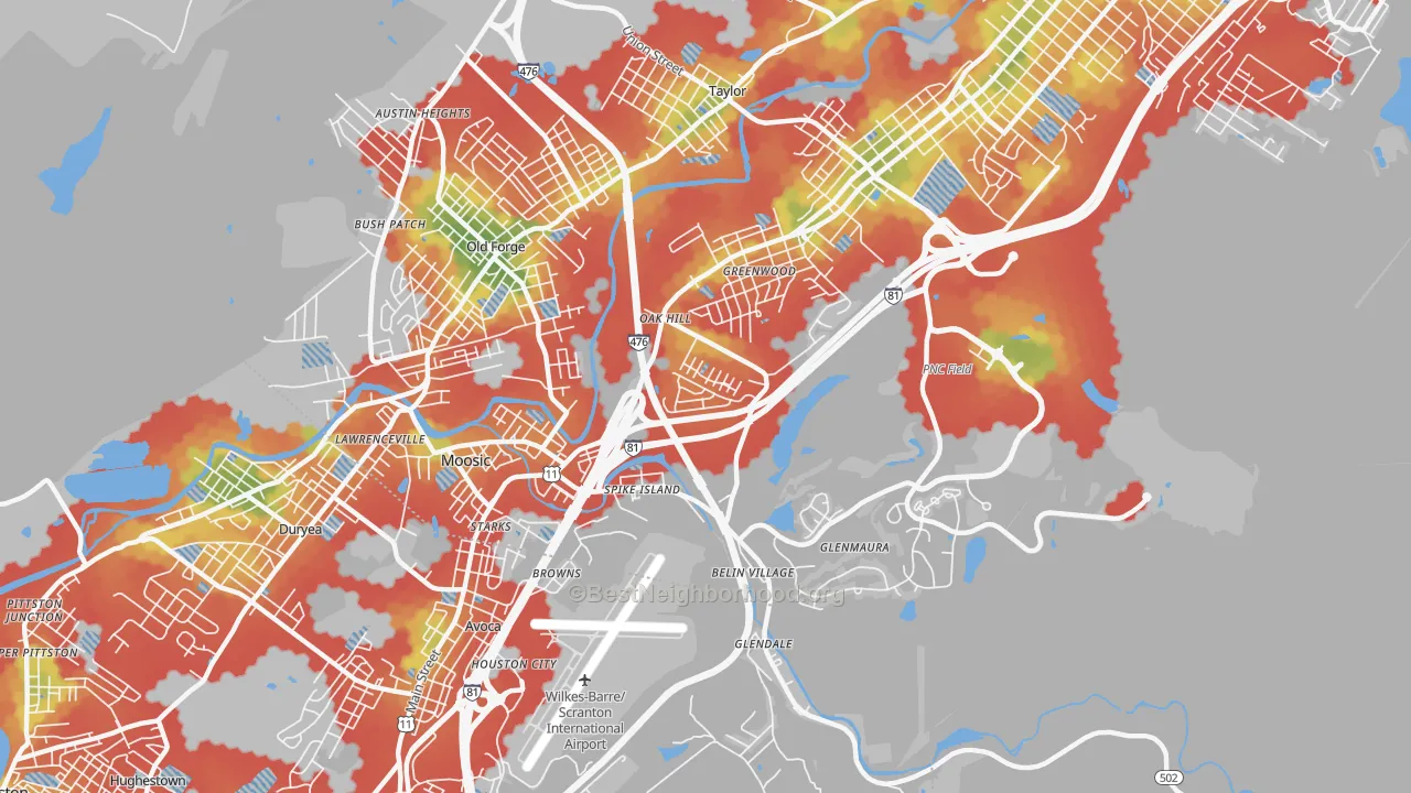 Walk Grade map of 18507, PA, walkable areas in green and car-dependent areas in red