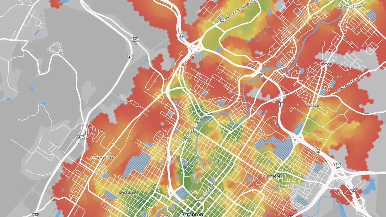 Walk Grade map of 18508, PA, walkable areas in green and car-dependent areas in red