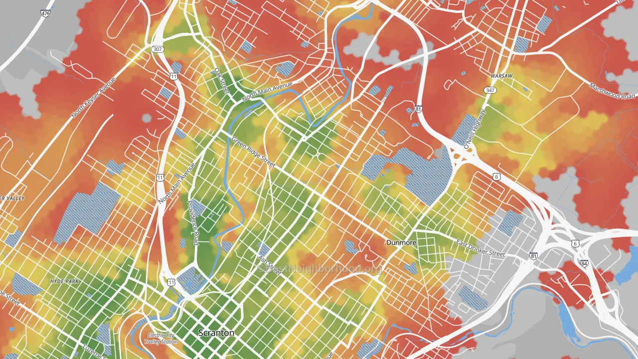 Walk Grade map of 18509, PA, walkable areas in green and car-dependent areas in red