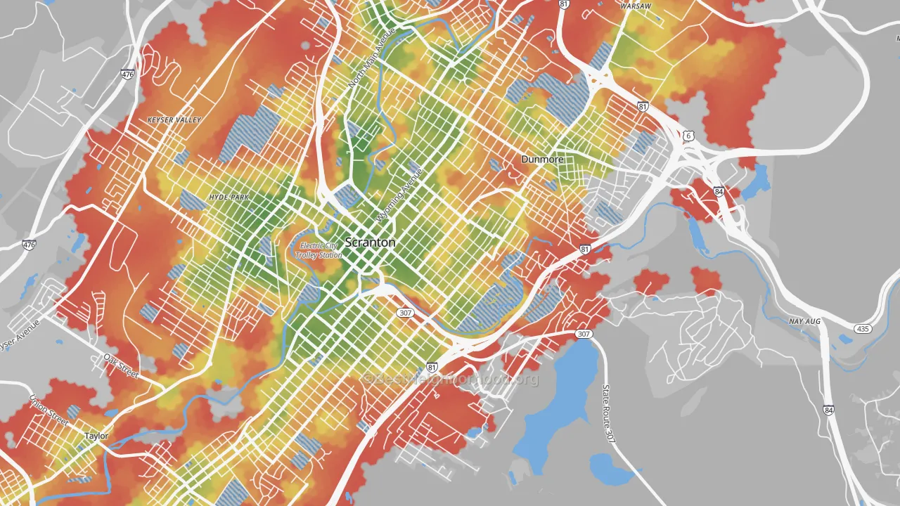 Walk Grade map of 18510, PA, walkable areas in green and car-dependent areas in red