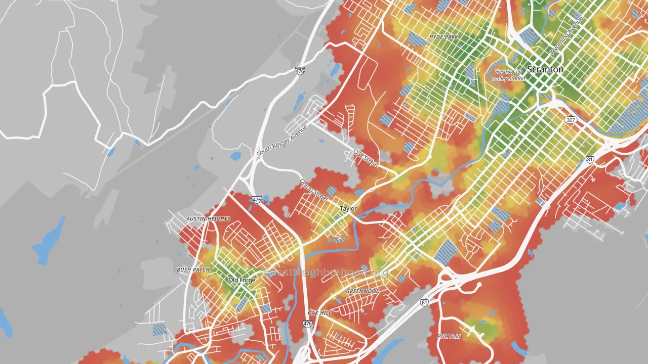 Walk Grade map of 18517, PA, walkable areas in green and car-dependent areas in red