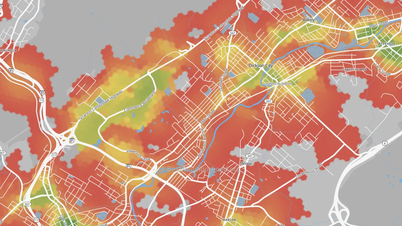 Walk Grade map of 18519, PA, walkable areas in green and car-dependent areas in red