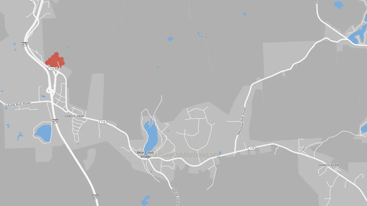 Walk Grade map of 18602, PA, walkable areas in green and car-dependent areas in red