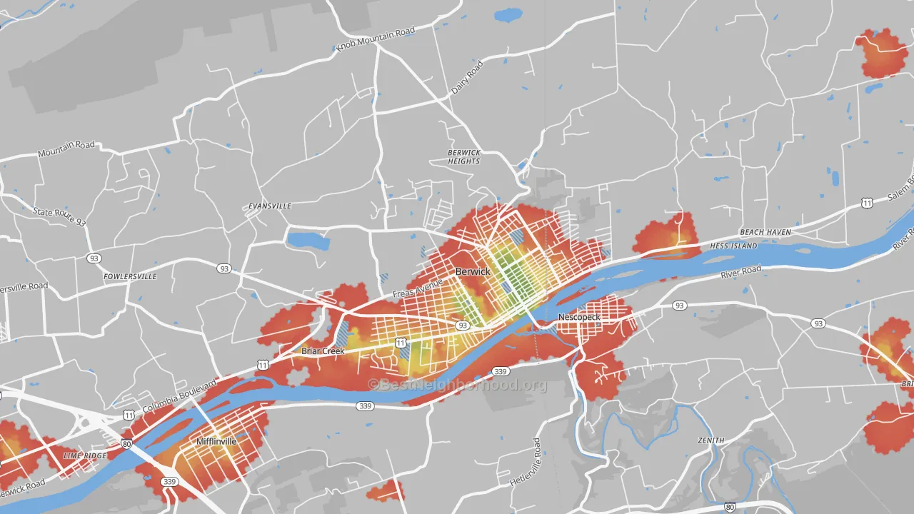 Walk Grade map of 18603, PA, walkable areas in green and car-dependent areas in red