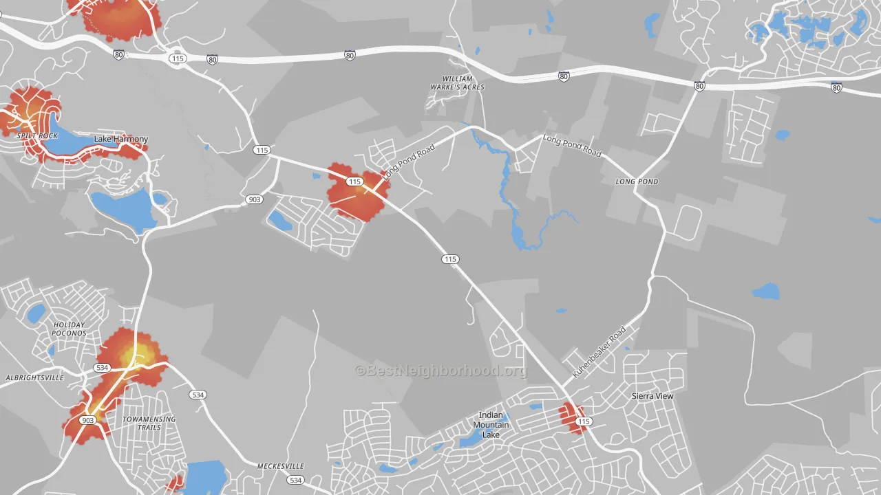 Walk Grade map of 18610, PA, walkable areas in green and car-dependent areas in red