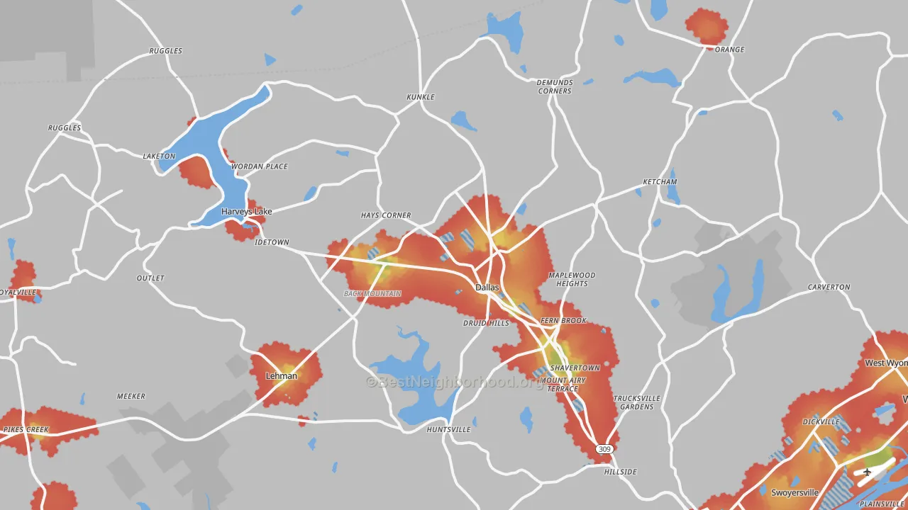 Walk Grade map of 18612, PA, walkable areas in green and car-dependent areas in red