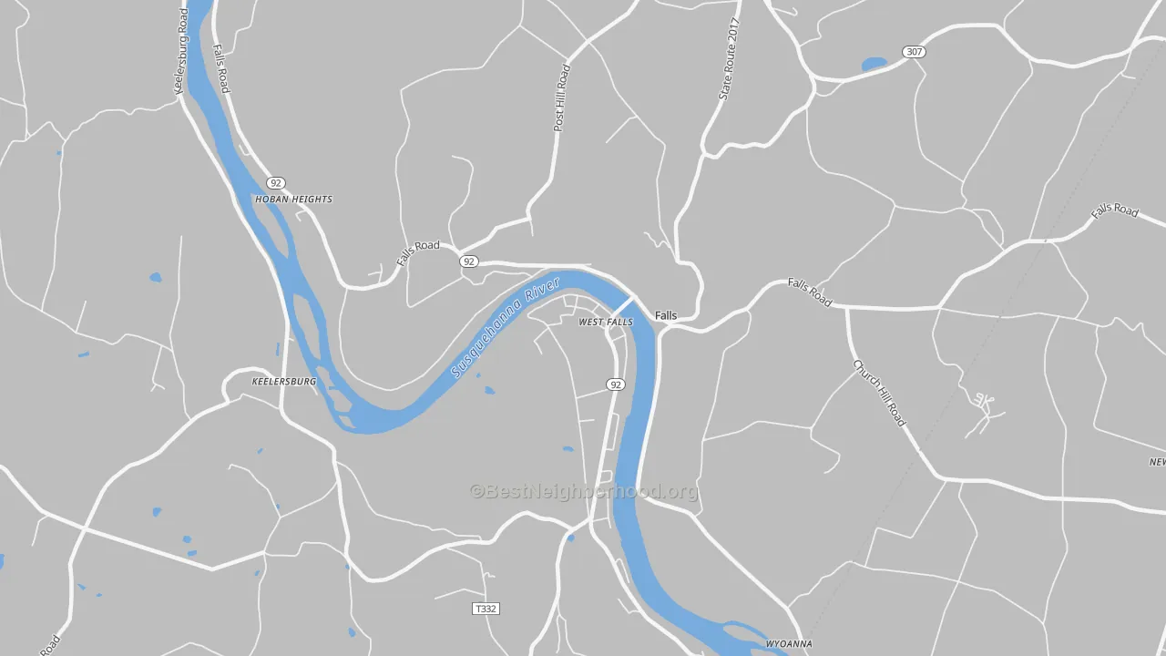 Walk Grade map of 18615, PA, walkable areas in green and car-dependent areas in red
