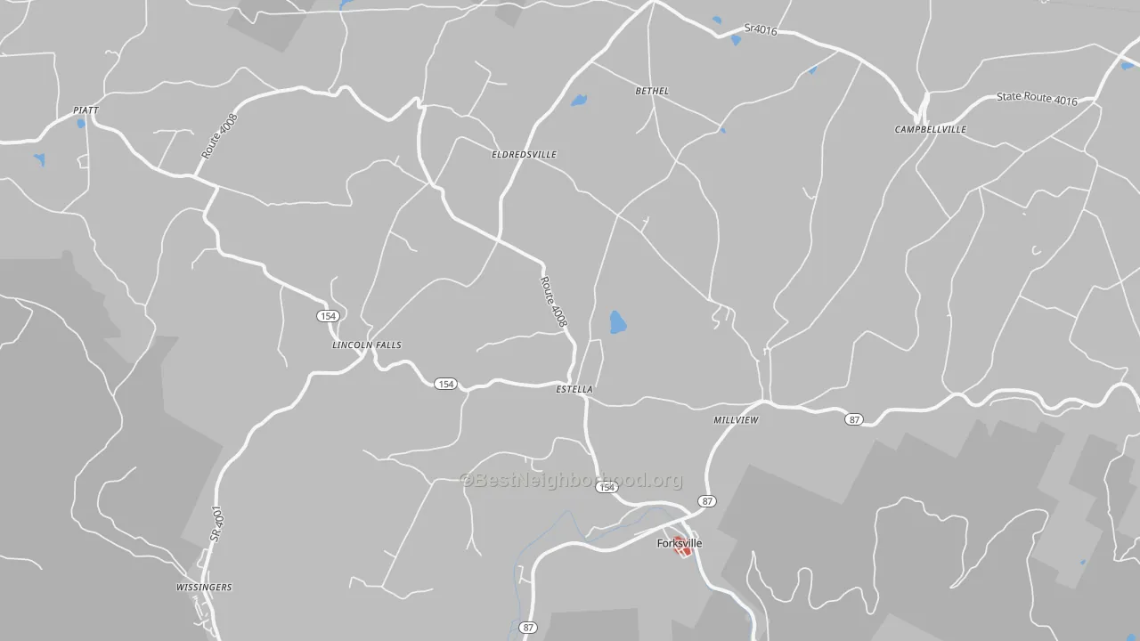 Walk Grade map of 18616, PA, walkable areas in green and car-dependent areas in red