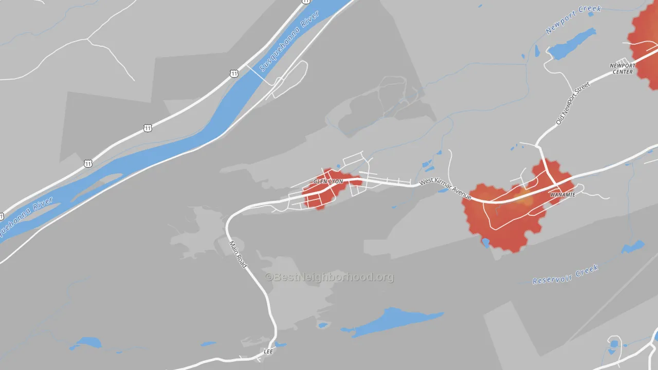 Walk Grade map of 18617, PA, walkable areas in green and car-dependent areas in red