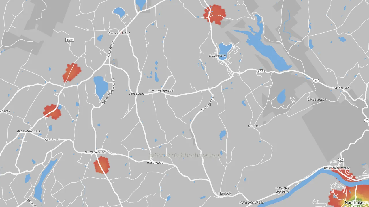 Walk Grade map of 18621, PA, walkable areas in green and car-dependent areas in red