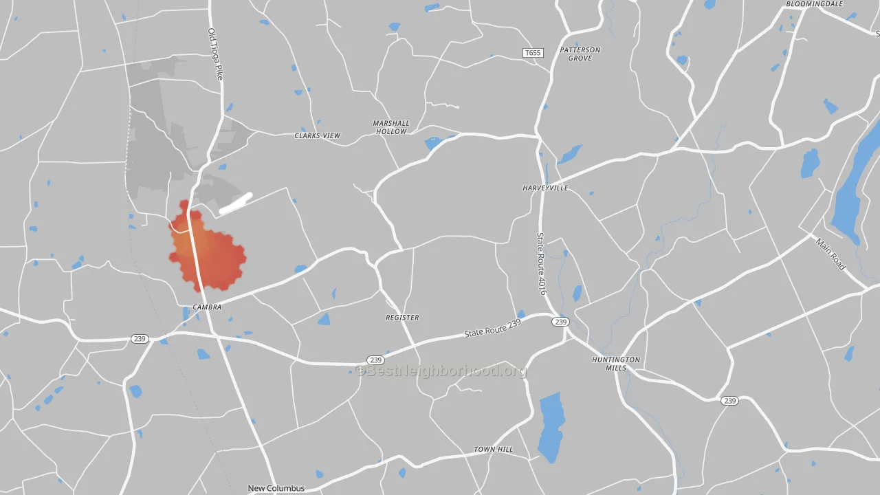 Walk Grade map of 18622, PA, walkable areas in green and car-dependent areas in red