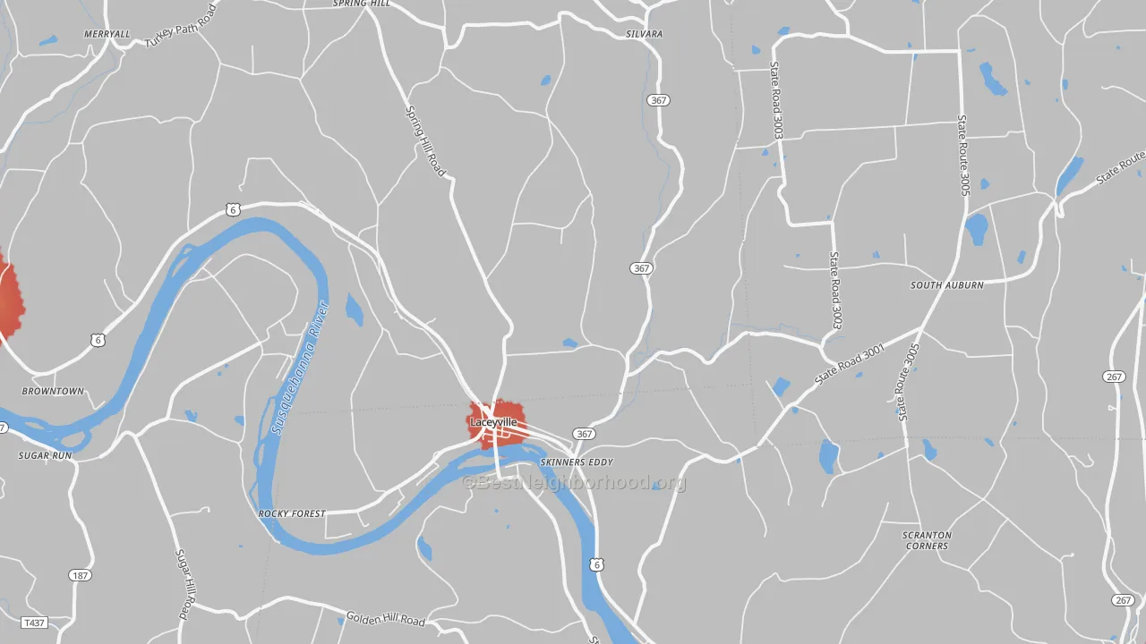 Walk Grade map of 18623, PA, walkable areas in green and car-dependent areas in red