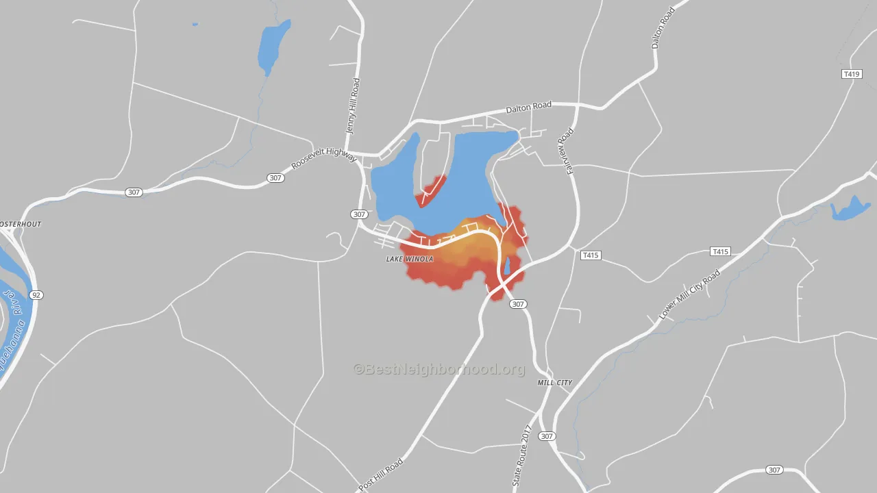 Walk Grade map of 18625, PA, walkable areas in green and car-dependent areas in red