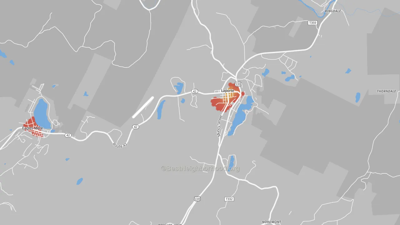 Walk Grade map of 18626, PA, walkable areas in green and car-dependent areas in red