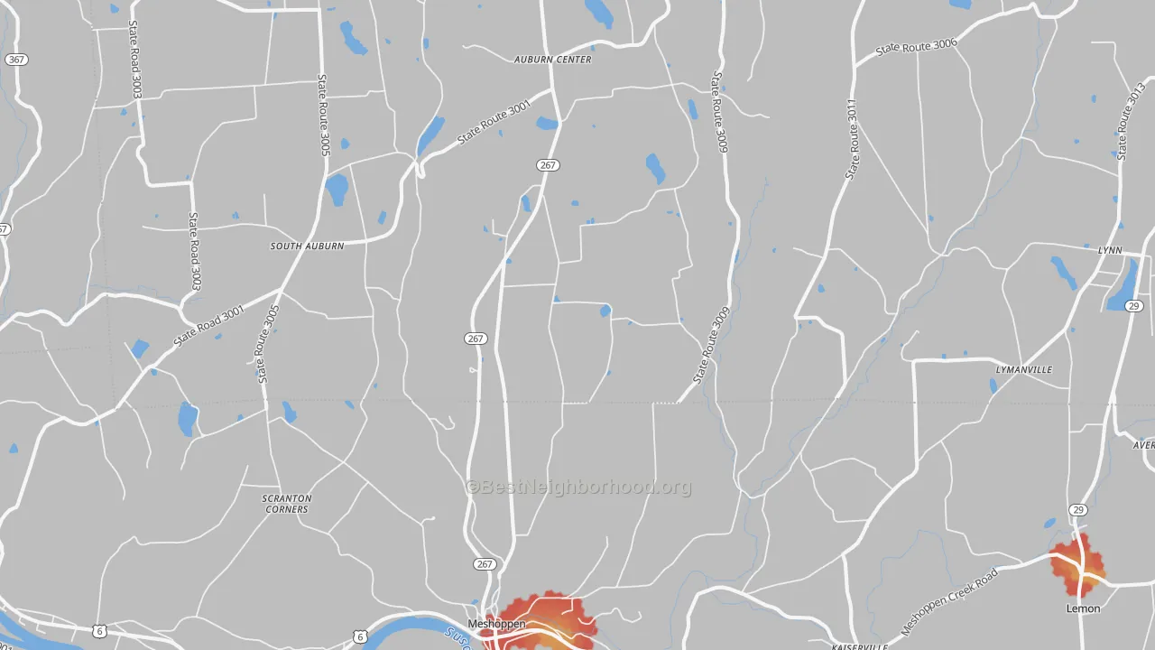 Walk Grade map of 18630, PA, walkable areas in green and car-dependent areas in red