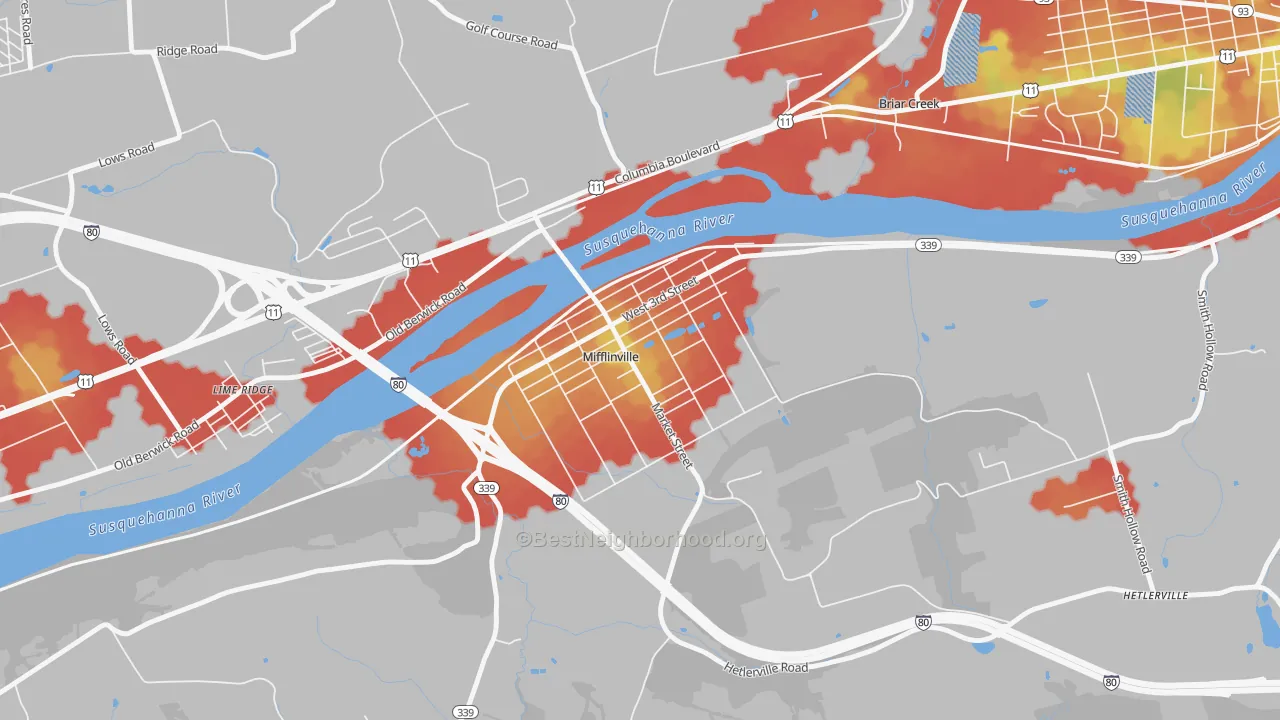 Walk Grade map of 18631, PA, walkable areas in green and car-dependent areas in red