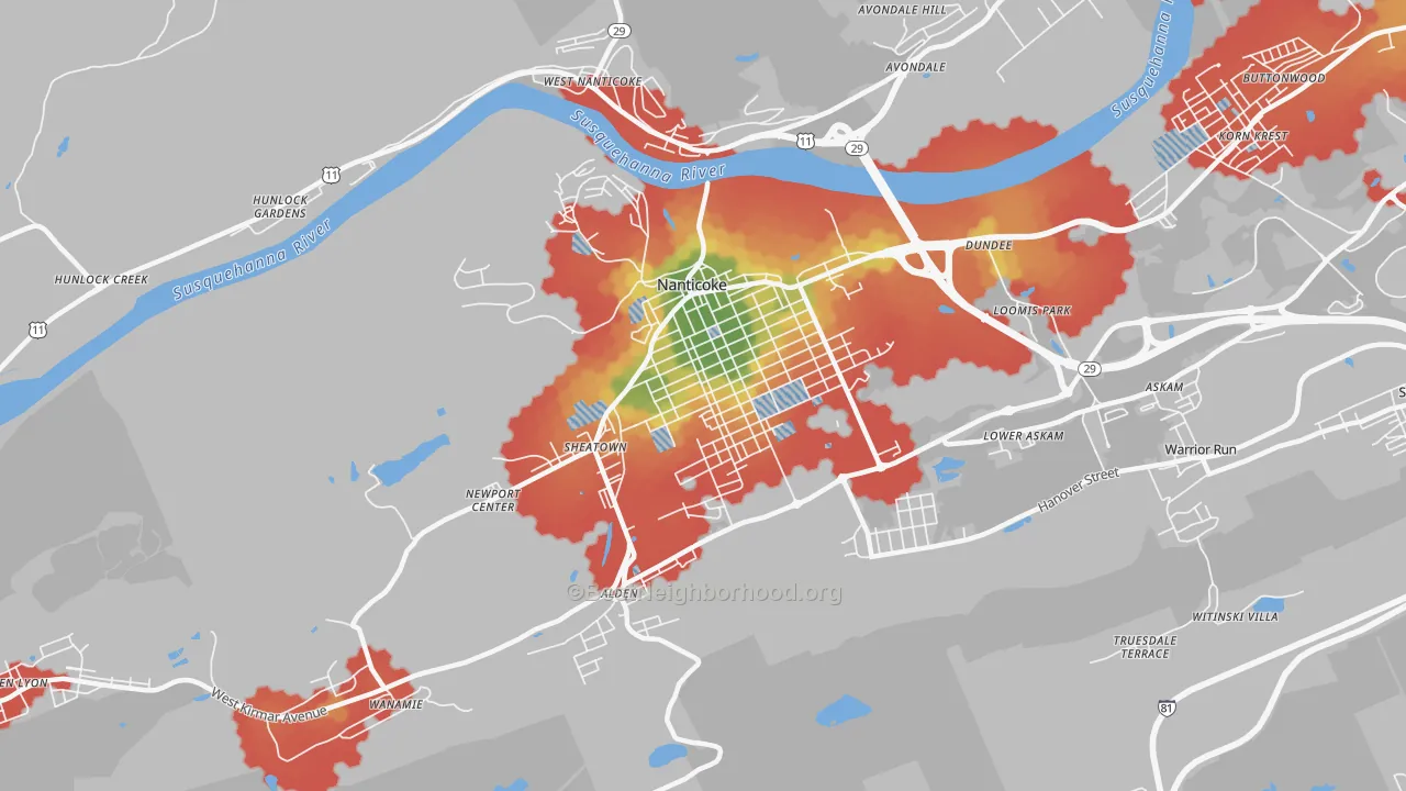 Walk Grade map of 18634, PA, walkable areas in green and car-dependent areas in red