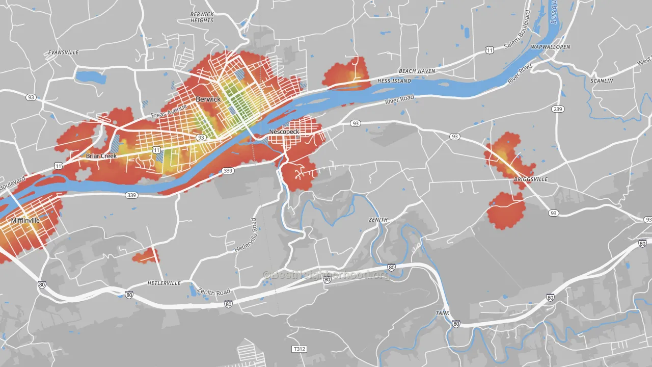 Walk Grade map of 18635, PA, walkable areas in green and car-dependent areas in red