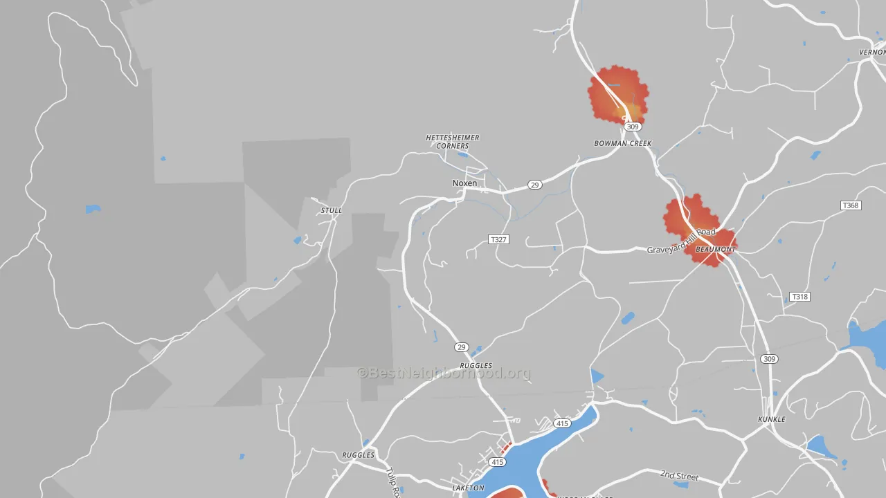 Walk Grade map of 18636, PA, walkable areas in green and car-dependent areas in red