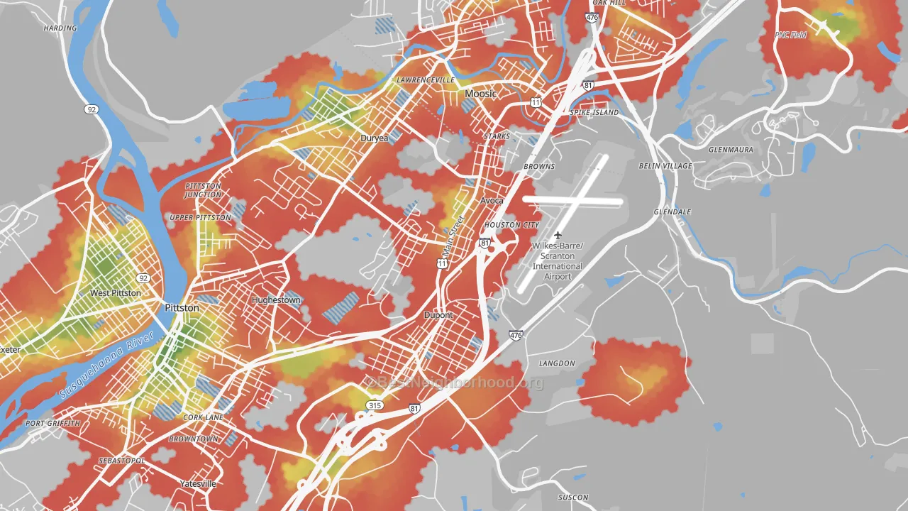 Walk Grade map of 18641, PA, walkable areas in green and car-dependent areas in red