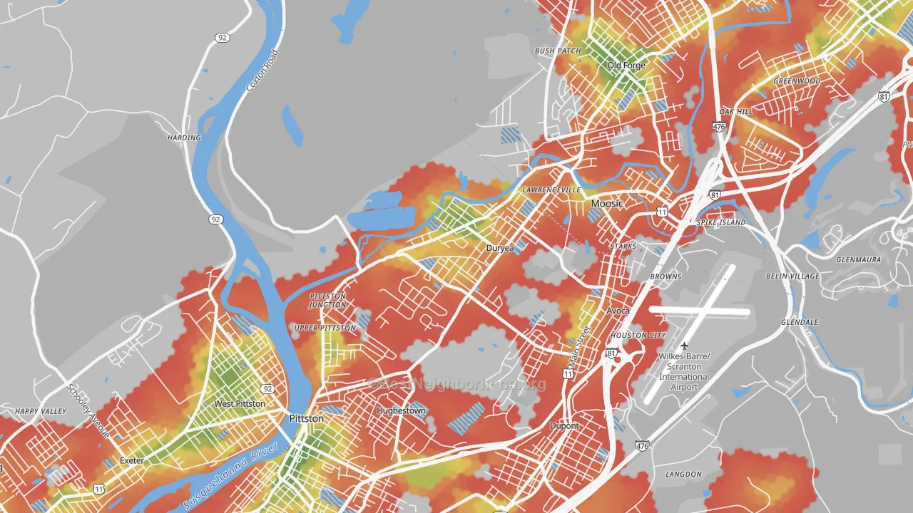 Walk Grade map of 18642, PA, walkable areas in green and car-dependent areas in red