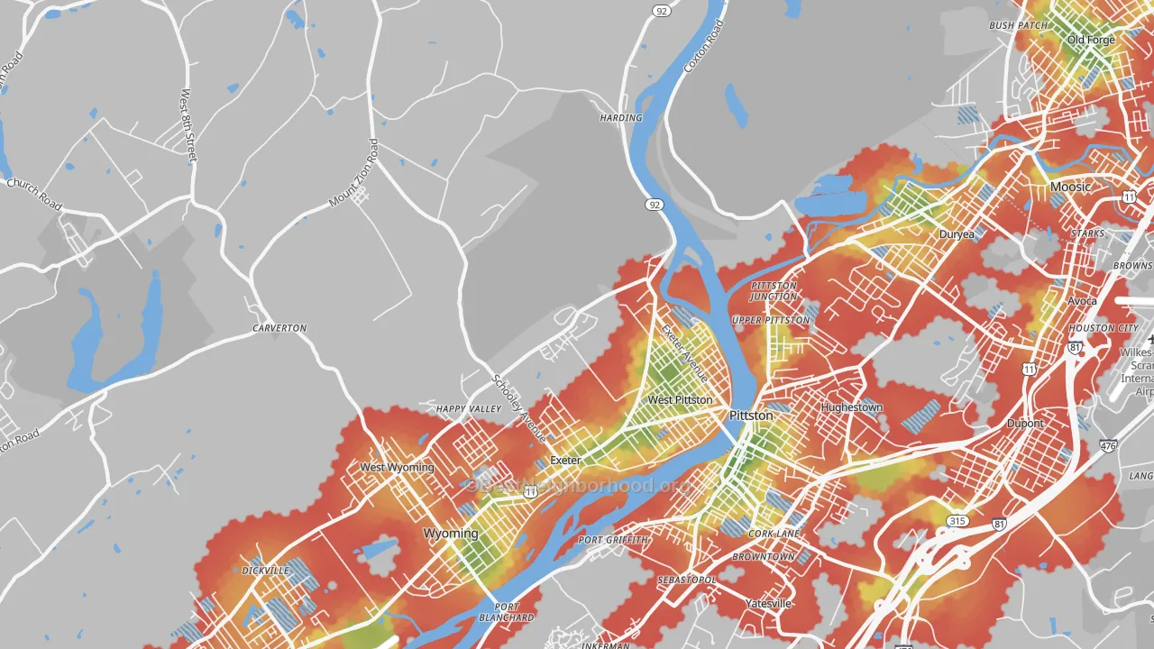 Walk Grade map of 18643, PA, walkable areas in green and car-dependent areas in red