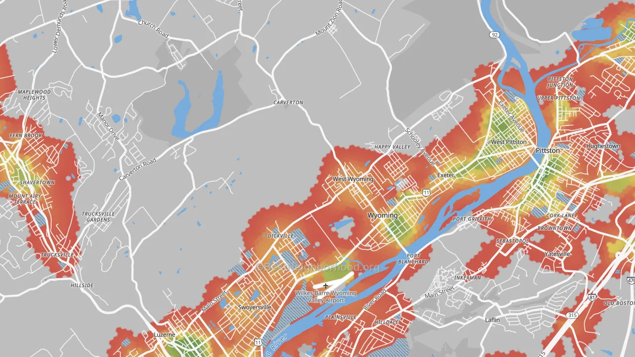Walk Grade map of 18644, PA, walkable areas in green and car-dependent areas in red