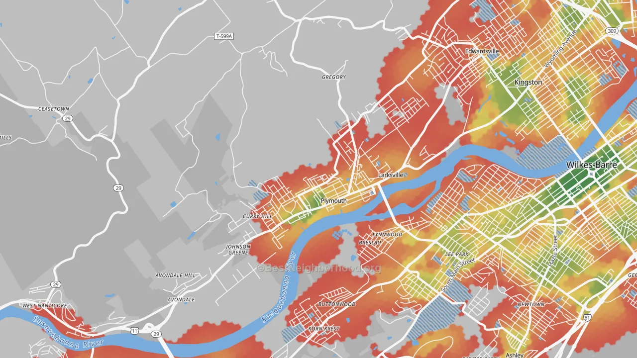 Walk Grade map of 18651, PA, walkable areas in green and car-dependent areas in red