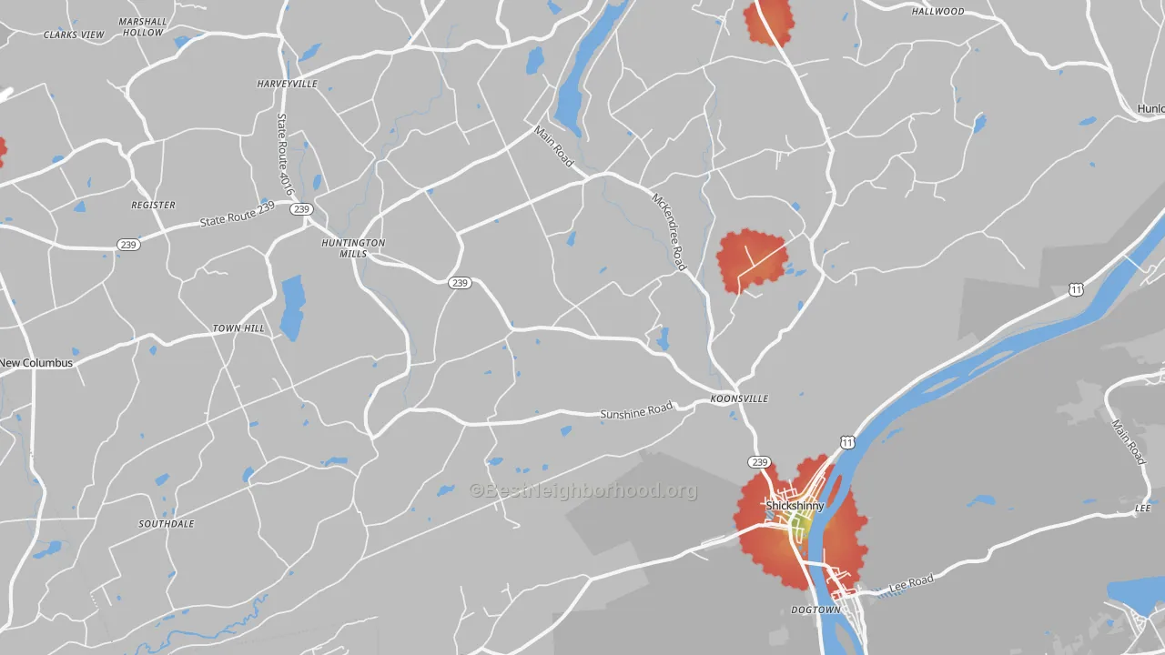 Walk Grade map of 18655, PA, walkable areas in green and car-dependent areas in red