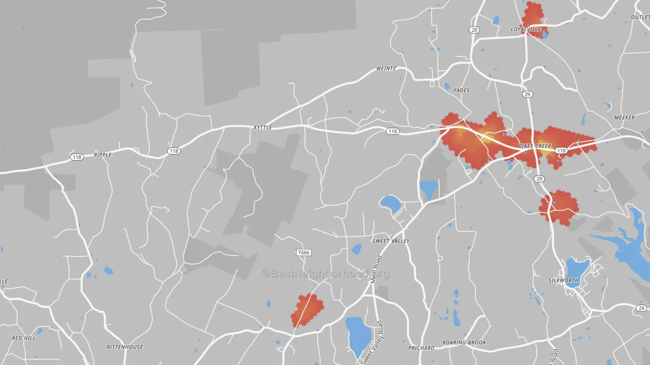Walk Grade map of 18656, PA, walkable areas in green and car-dependent areas in red