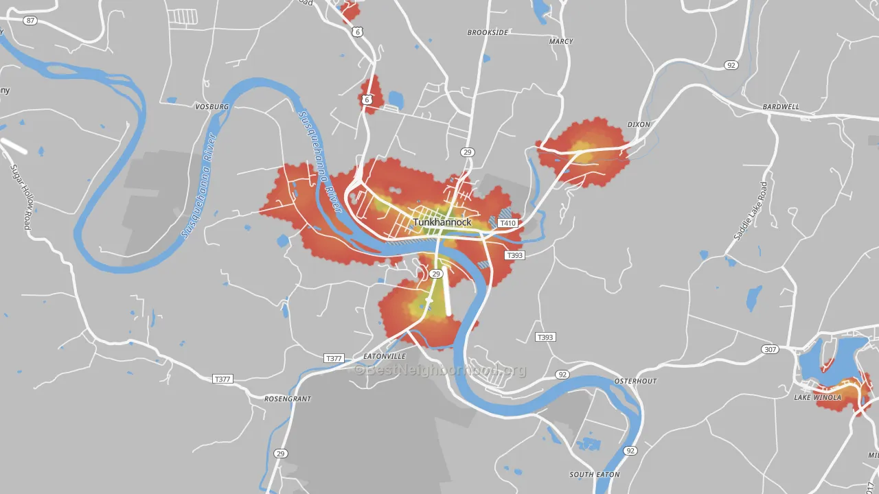 Walk Grade map of 18657, PA, walkable areas in green and car-dependent areas in red