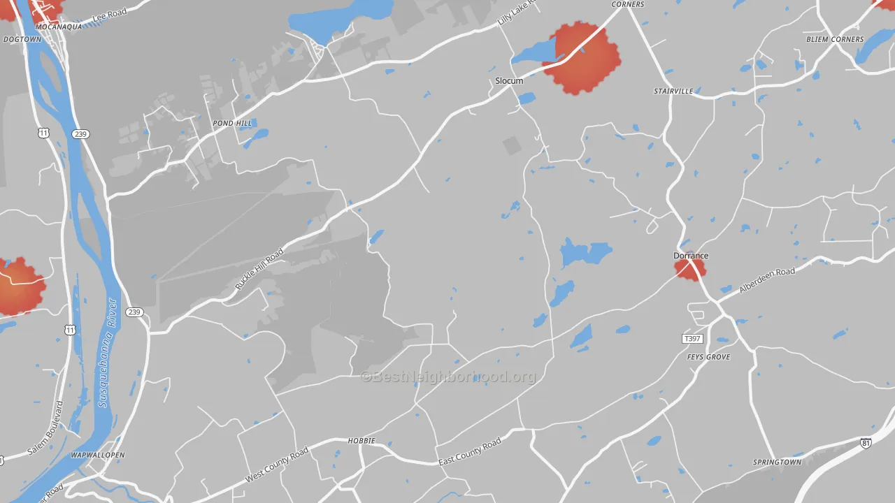 Walk Grade map of 18660, PA, walkable areas in green and car-dependent areas in red
