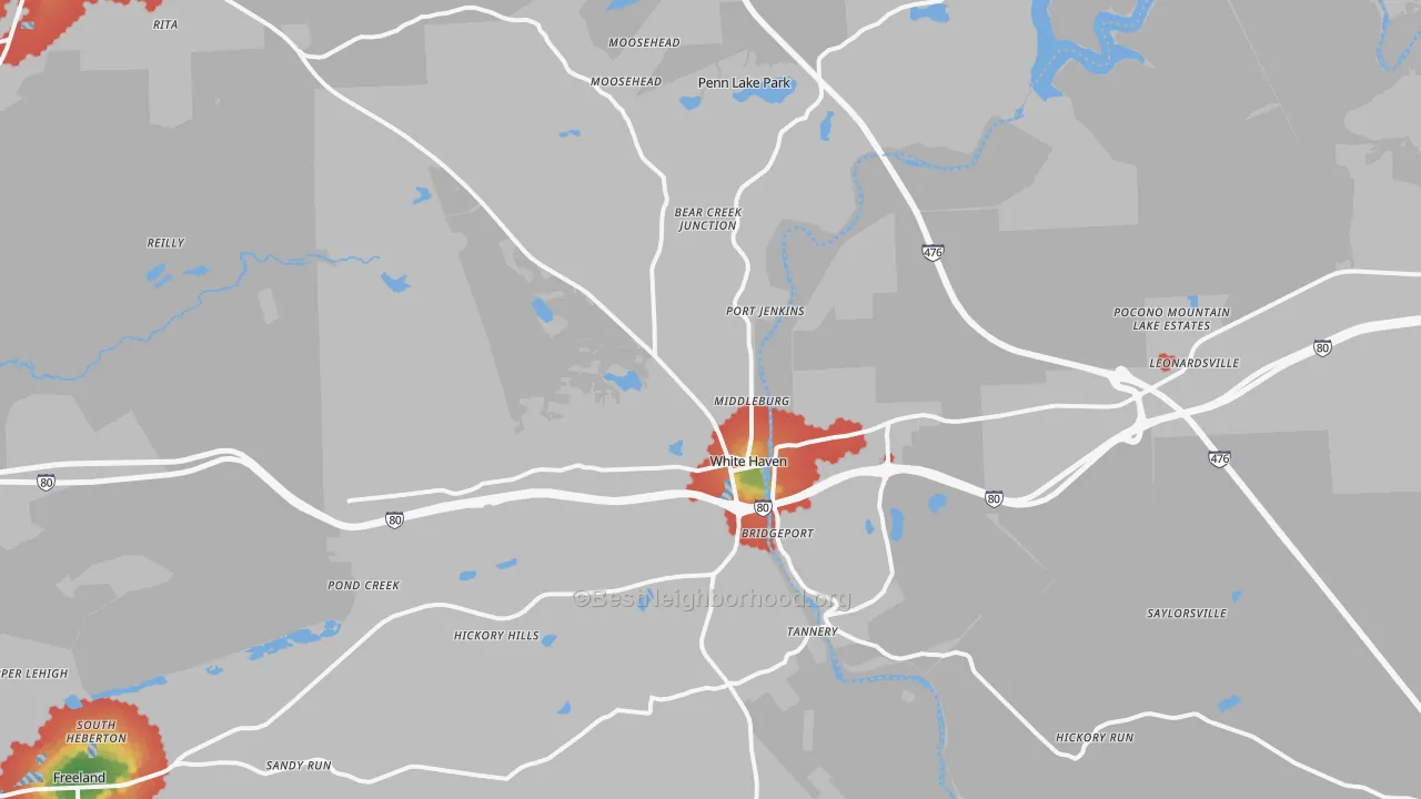 Walk Grade map of 18661, PA, walkable areas in green and car-dependent areas in red
