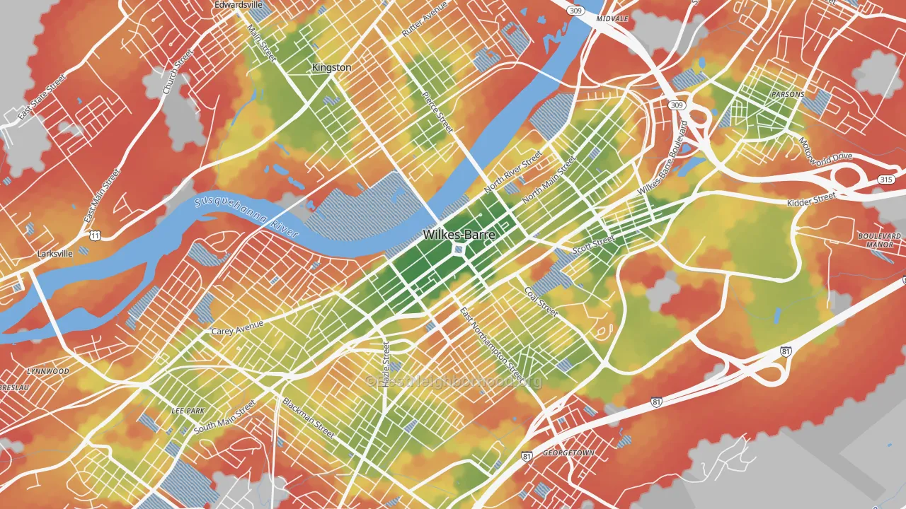 Walk Grade map of 18701, PA, walkable areas in green and car-dependent areas in red
