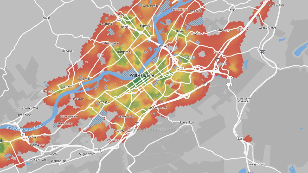Walk Grade map of 18702, PA, walkable areas in green and car-dependent areas in red